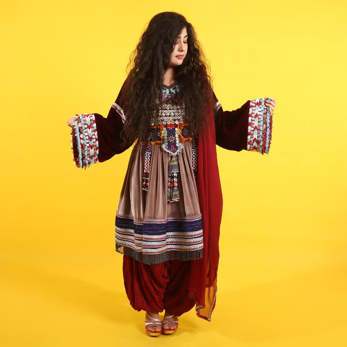 Balochi Embroidered Short Velvet Dress | Balloon Sleeves Afghan Dress 1