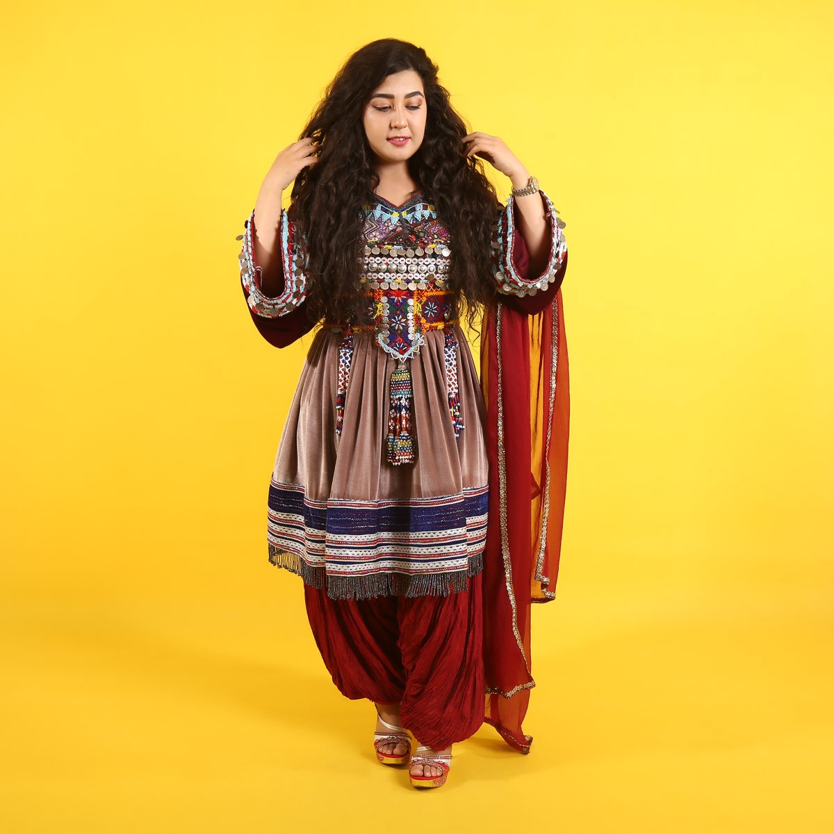 Balochi Embroidered Short Velvet Dress | Balloon Sleeves Afghan Dress 2