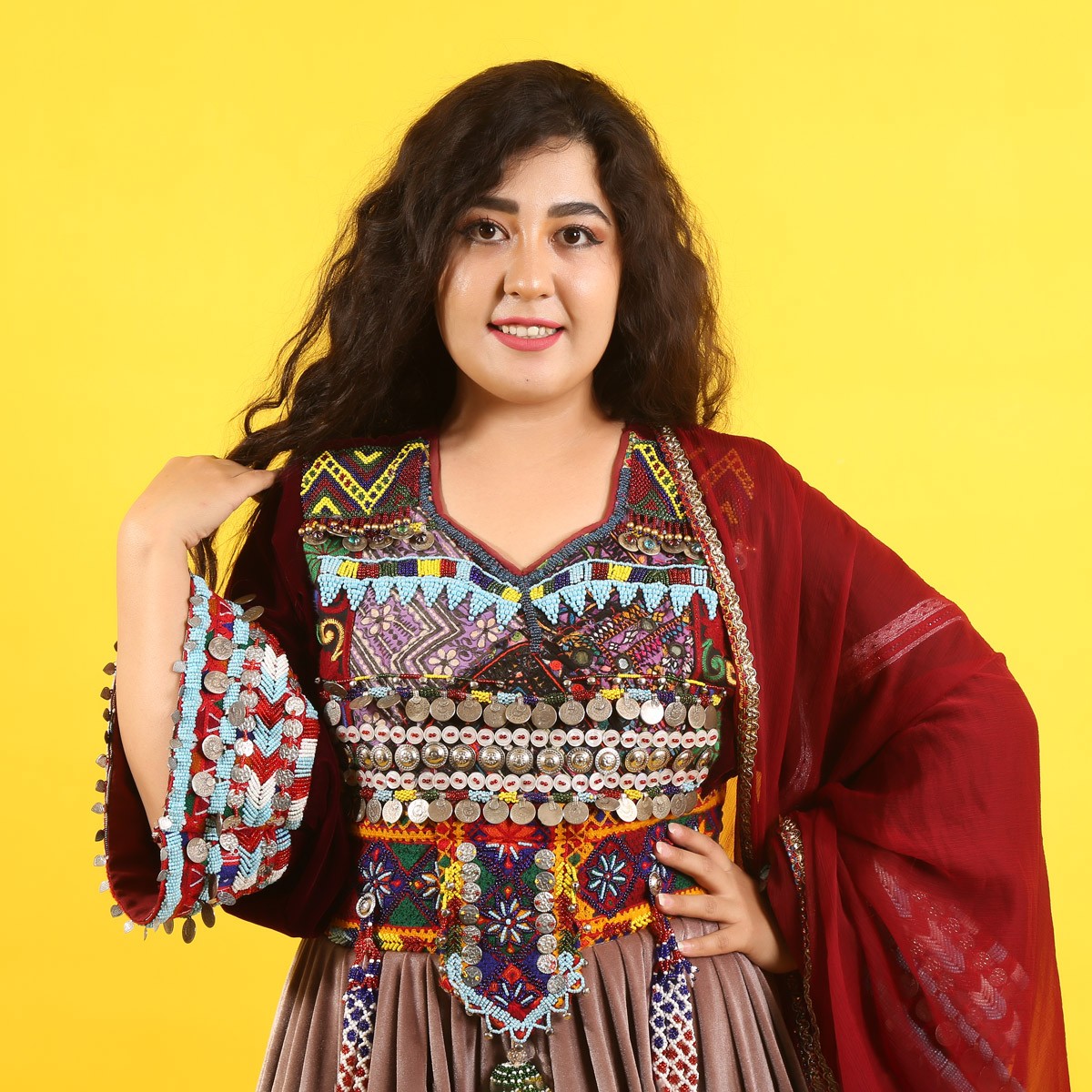 Balochi Embroidered Short Velvet Dress | Balloon Sleeves Afghan Dress 4