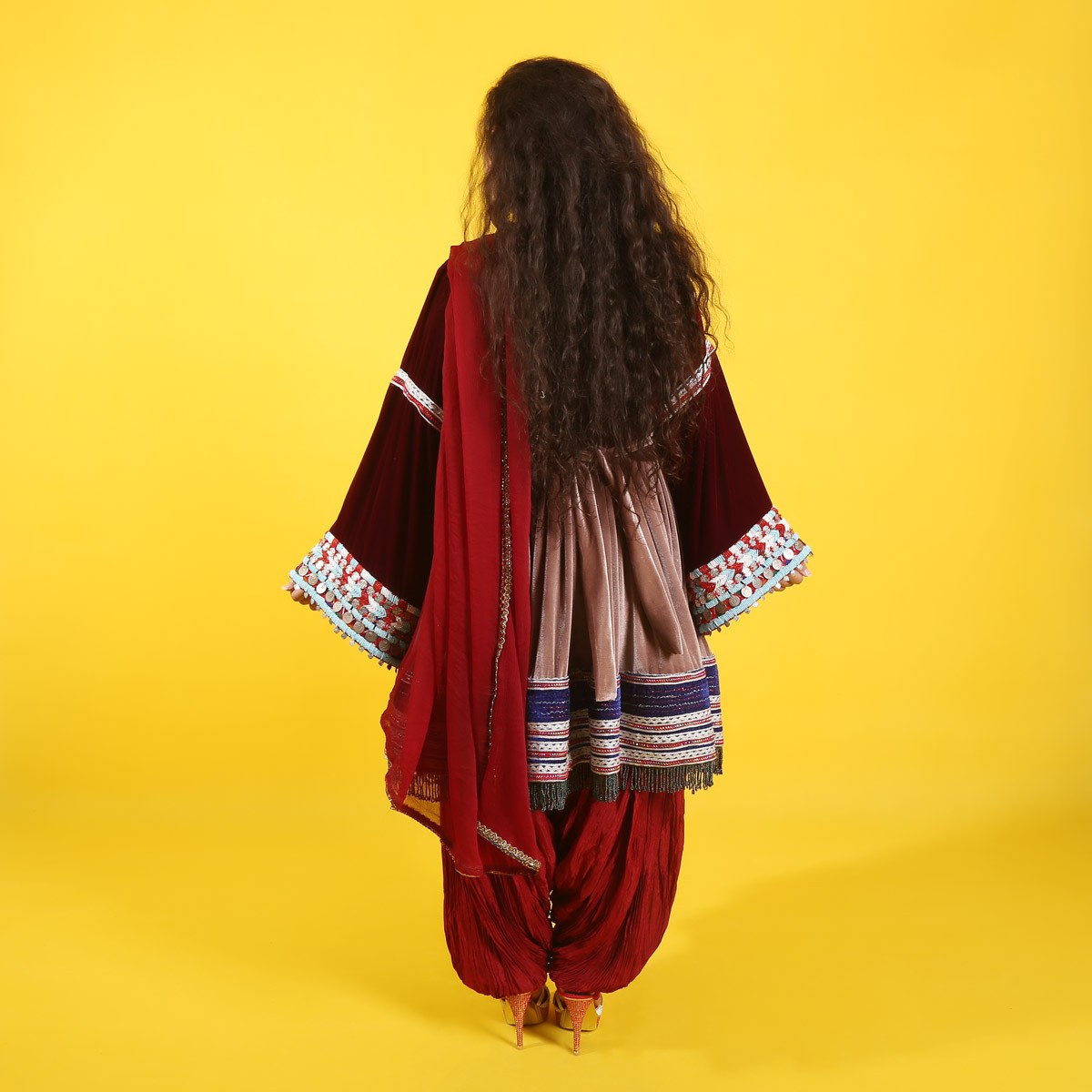Balochi Embroidered Short Velvet Dress | Balloon Sleeves Afghan Dress 5