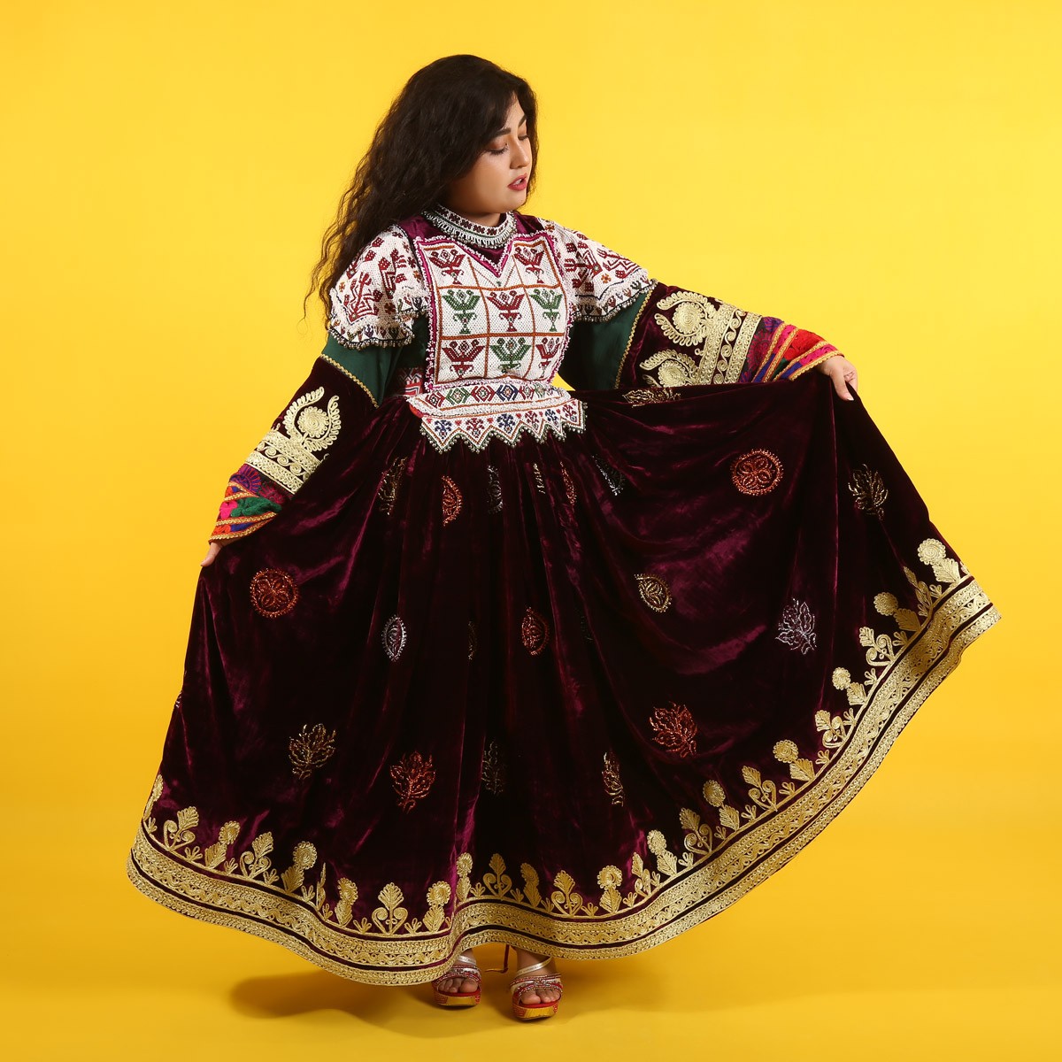 Maroon Velvet Pleated Gand Afghani Dress | Bead Embroidered Dress 1