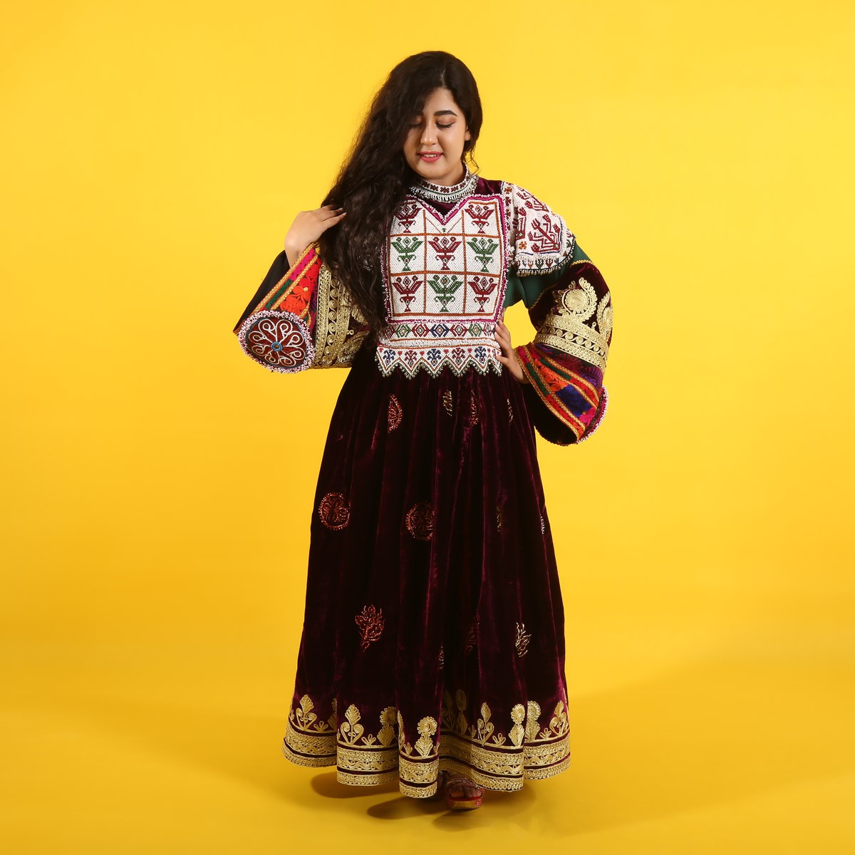 Maroon Velvet Pleated Gand Afghani Dress | Bead Embroidered Dress 2
