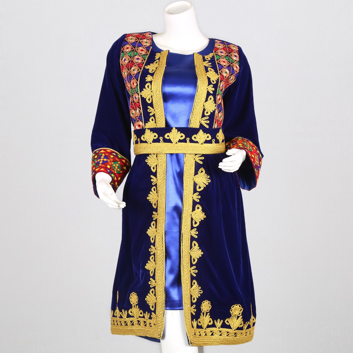 Long Jacket with Afghan Dress | Velvet Coat and Satin Dress 1