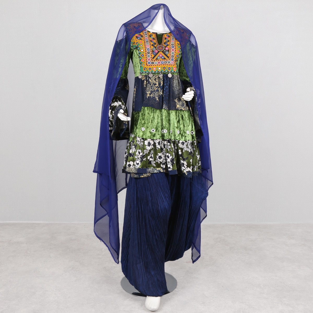 3-Piece Blue & Green Floral Print Afghan Dress | Mirror Embroidered Traditional Dress 1