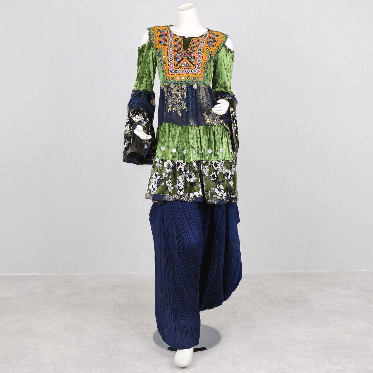 3-Piece Blue & Green Floral Print Afghan Dress | Mirror Embroidered Traditional Dress 2