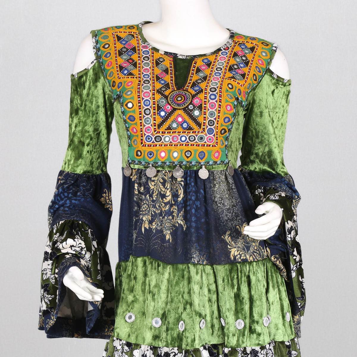 3-Piece Blue & Green Floral Print Afghan Dress | Mirror Embroidered Traditional Dress 3