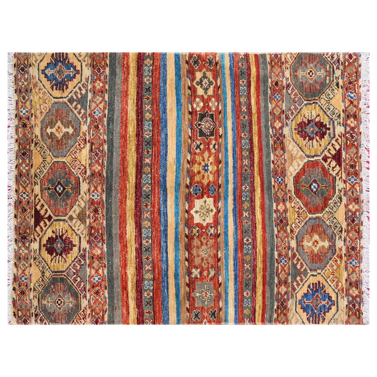 Mixed Colors Mirror Design Carpet| Well-Designed Afghan Handmade Carpet 3' 4" X 2' 5" 1