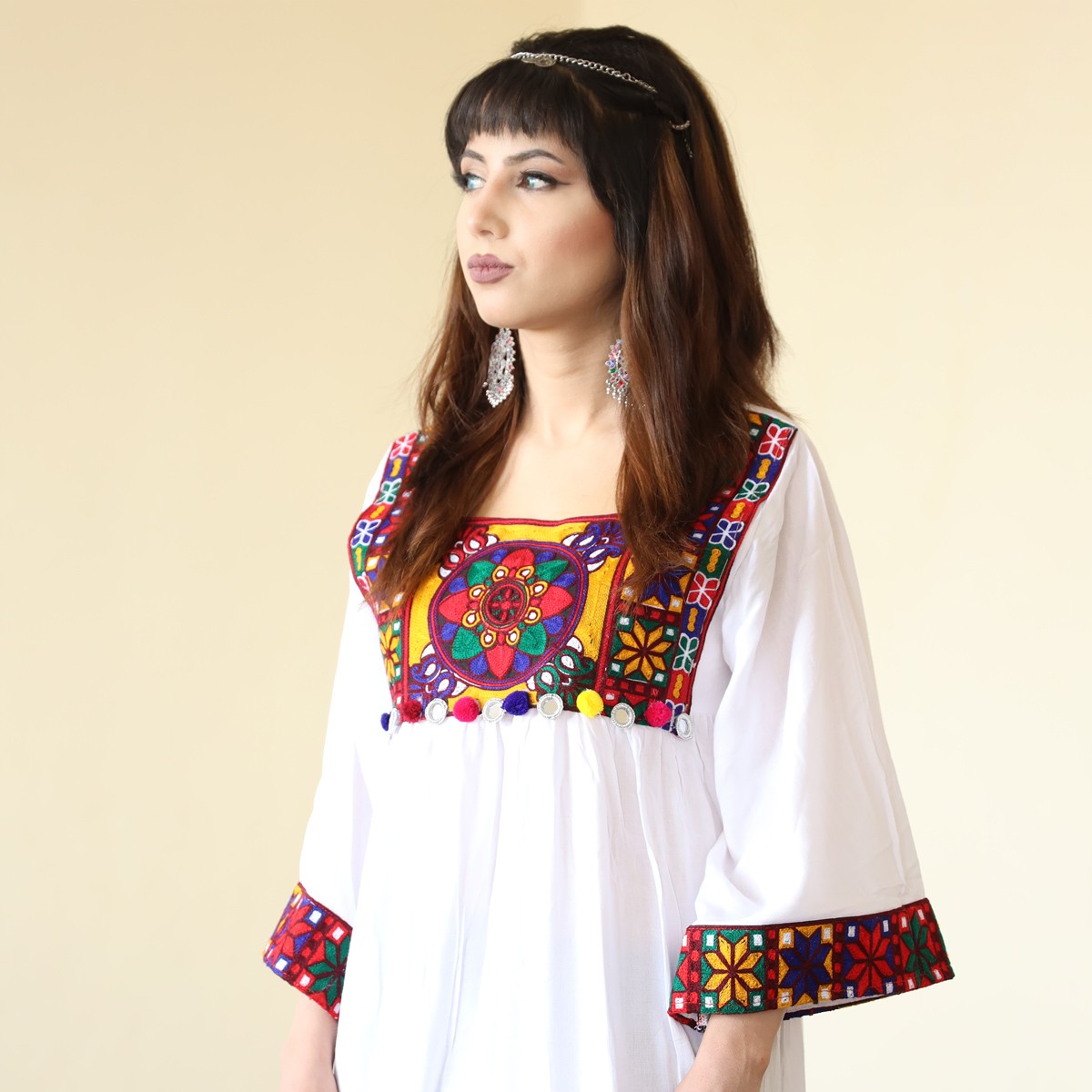White Linen Shami Embroidered Long Dress | Drop Waisted Traditional Wear Long Frock 1