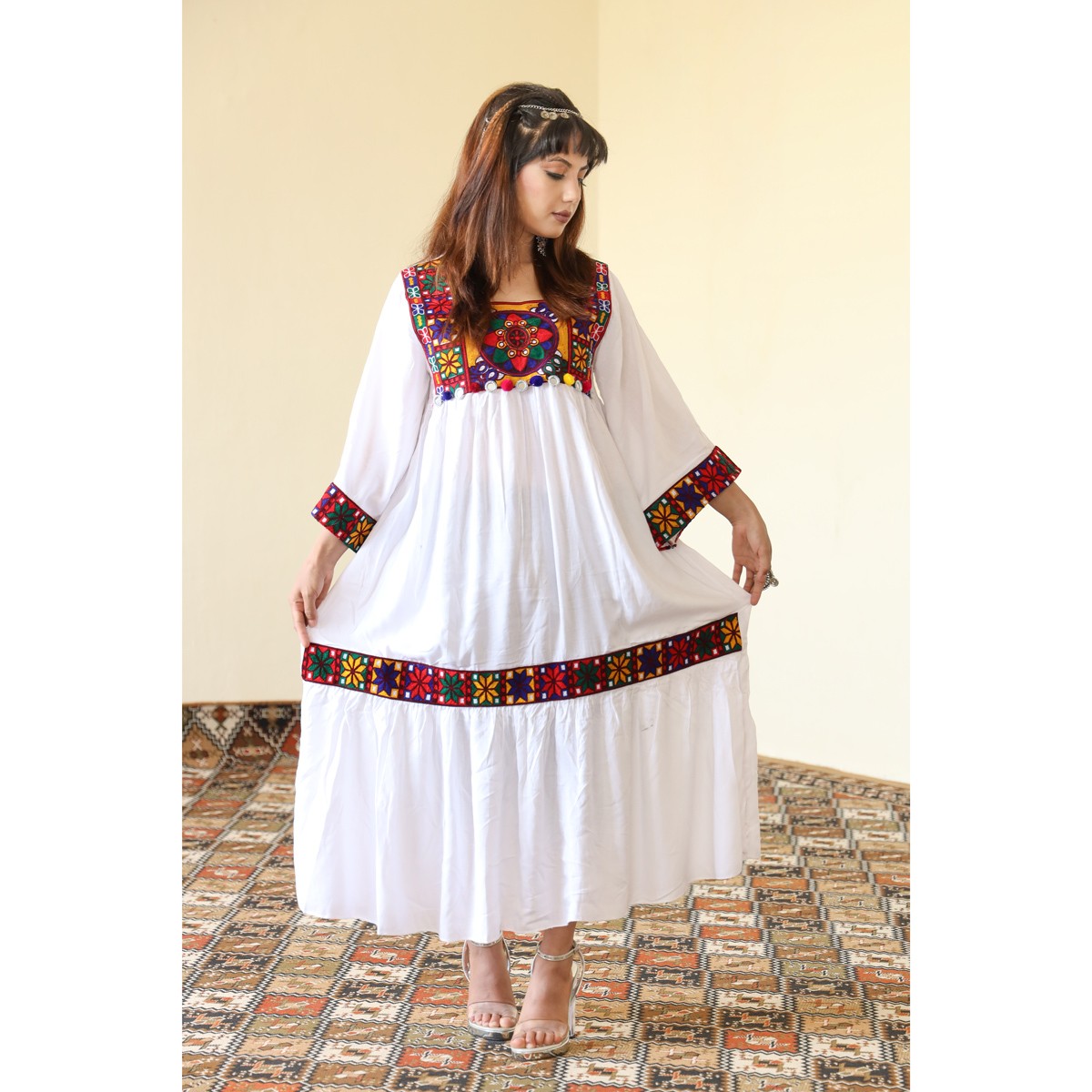 White Linen Shami Embroidered Long Dress | Drop Waisted Traditional Wear Long Frock 2