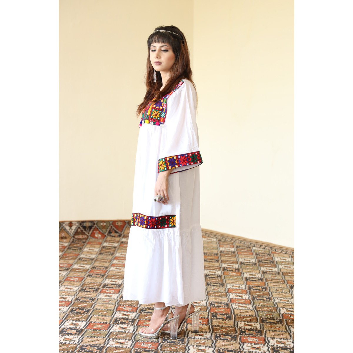 White Linen Shami Embroidered Long Dress | Drop Waisted Traditional Wear Long Frock 3