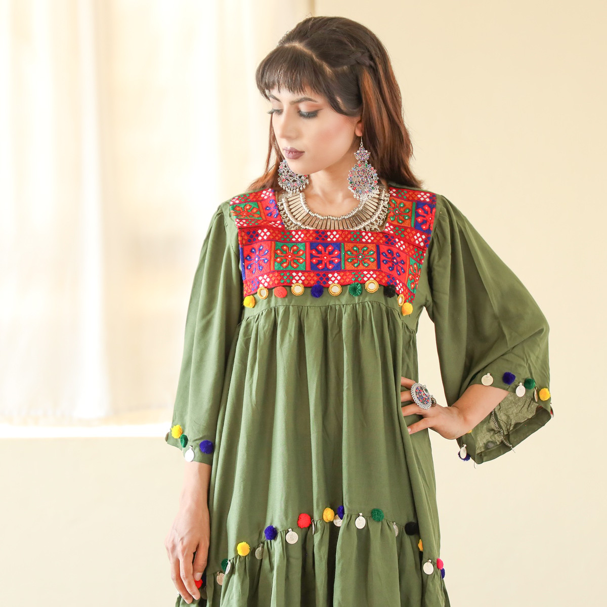 Olive Green Pawli Embroidered Dress | Linen Drop Waisted Casual Wear Dress 1