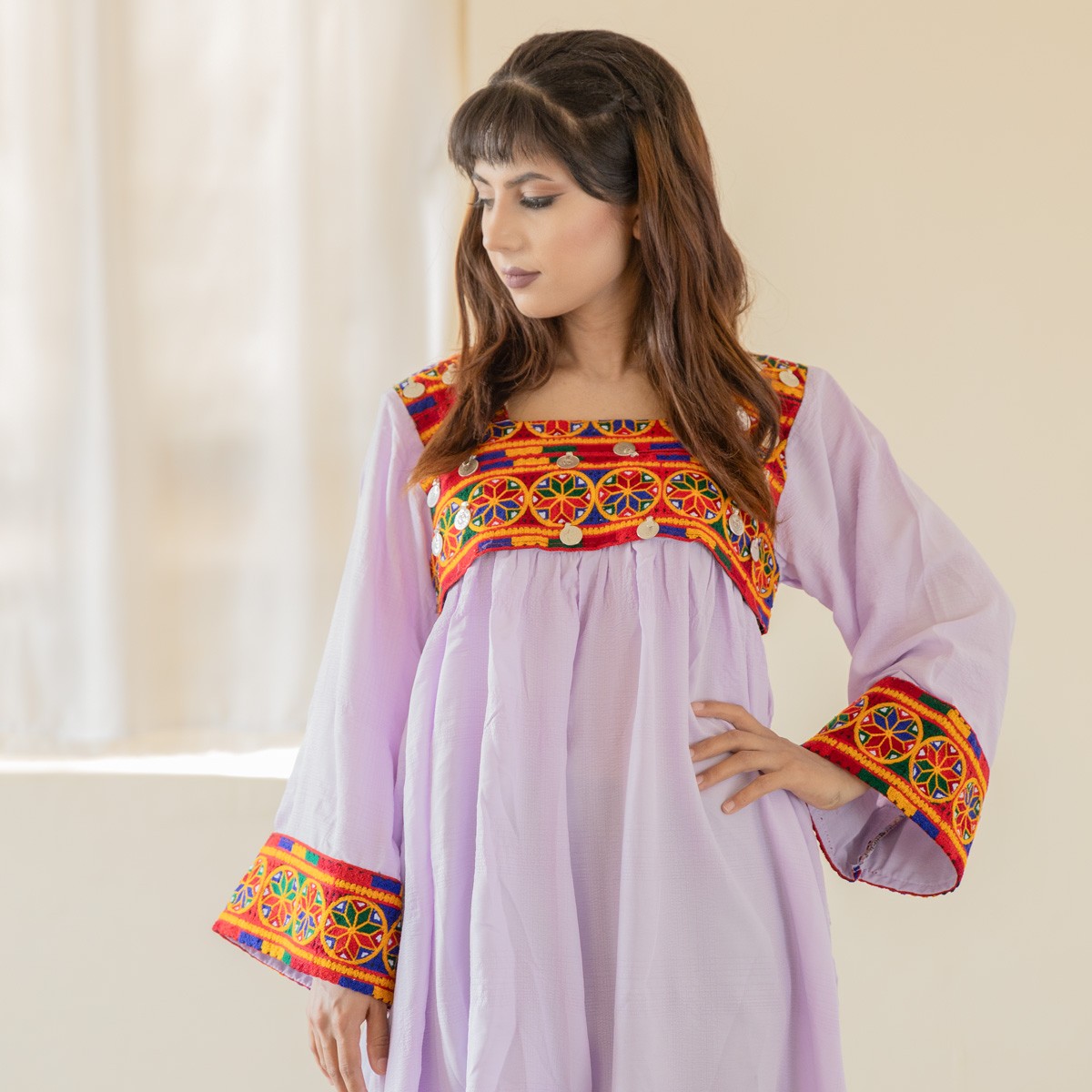 Soft Lilac Pawli Embroidered Long Dress | Crepe Drop Waisted Dress 1