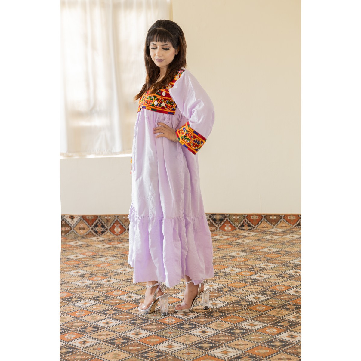 Soft Lilac Pawli Embroidered Long Dress | Crepe Drop Waisted Dress 3