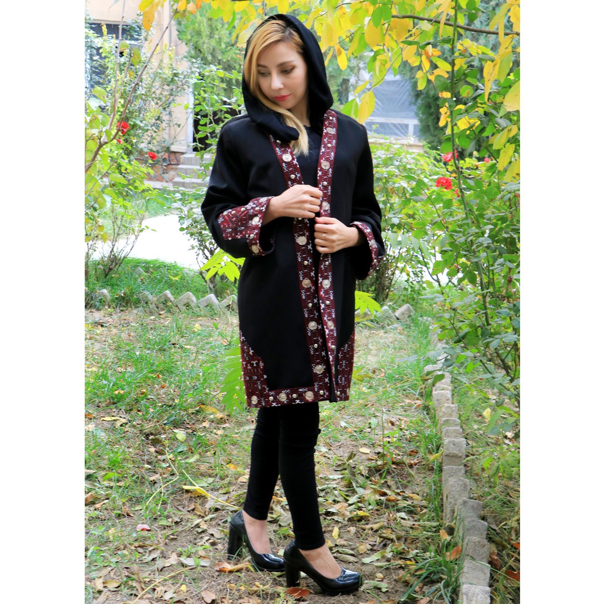 Nuristani Embroidered Women's Coat | Black Crepe Coat 1