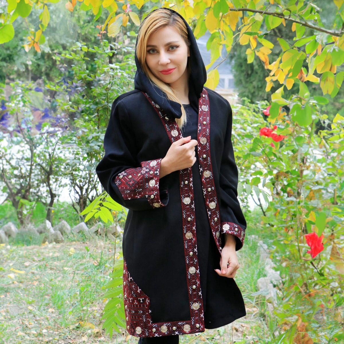 Nuristani Embroidered Women's Coat | Black Crepe Coat 2