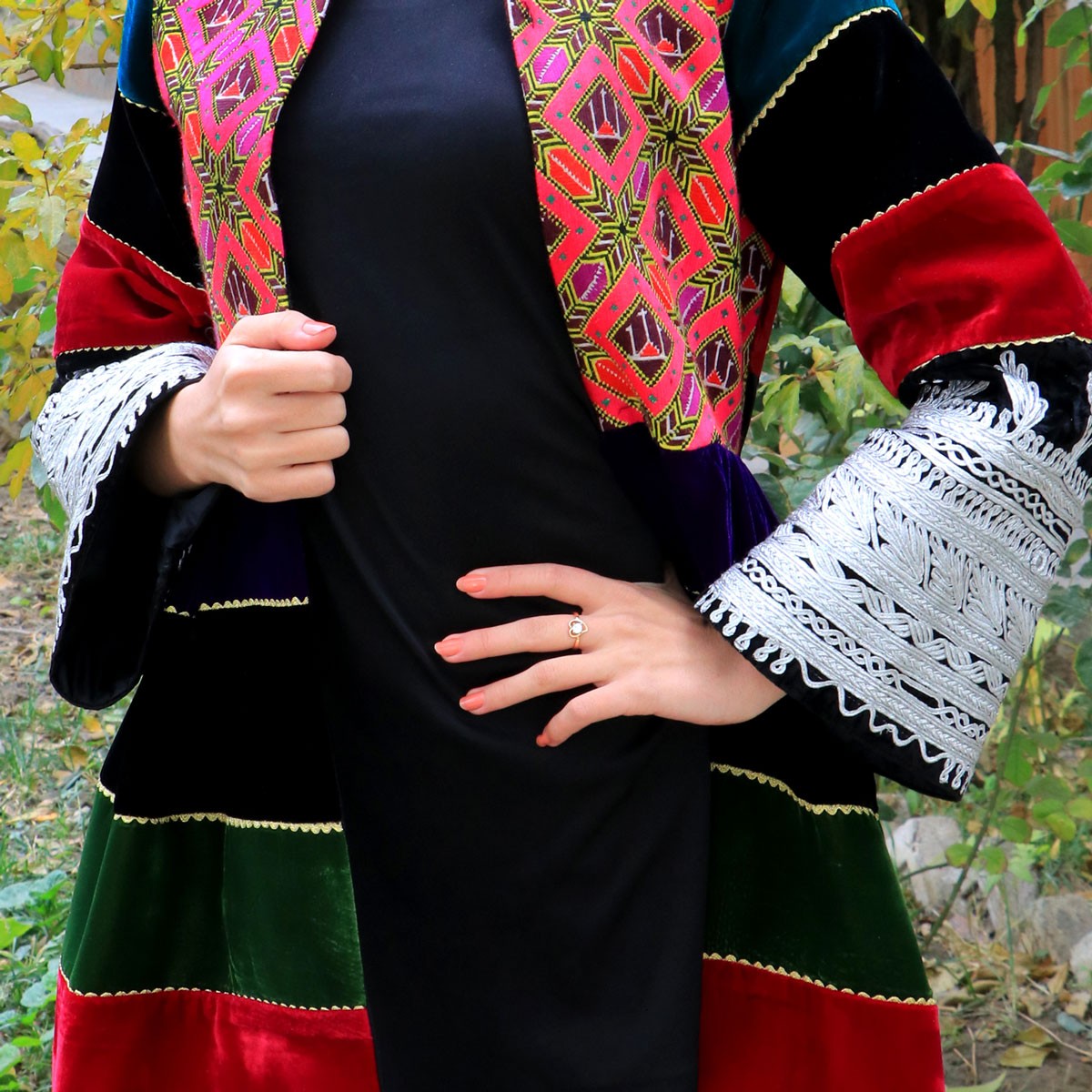 Silk Embroidered Long Coat | Velvet Collarless Coat 1