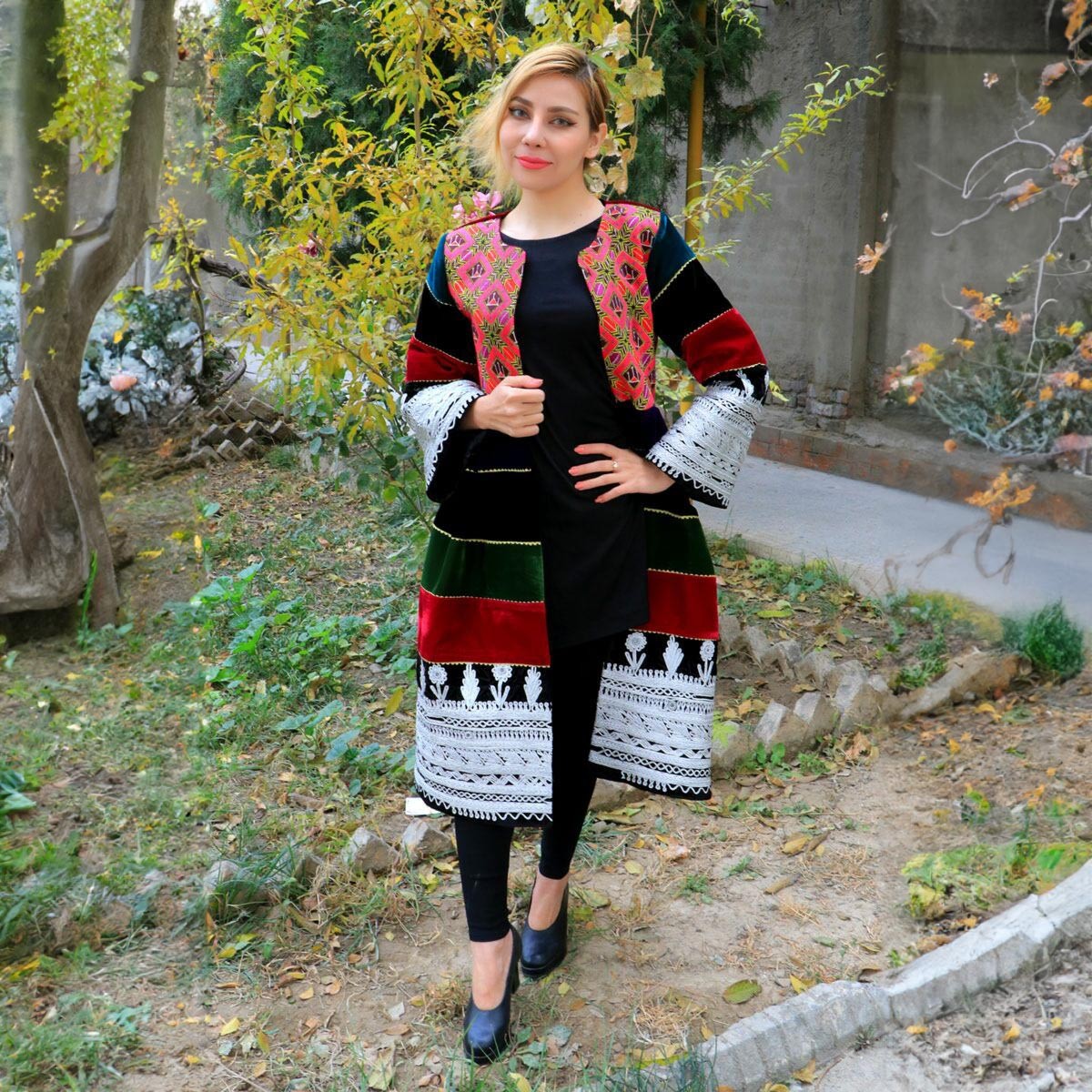 Silk Embroidered Long Coat | Velvet Collarless Coat 2
