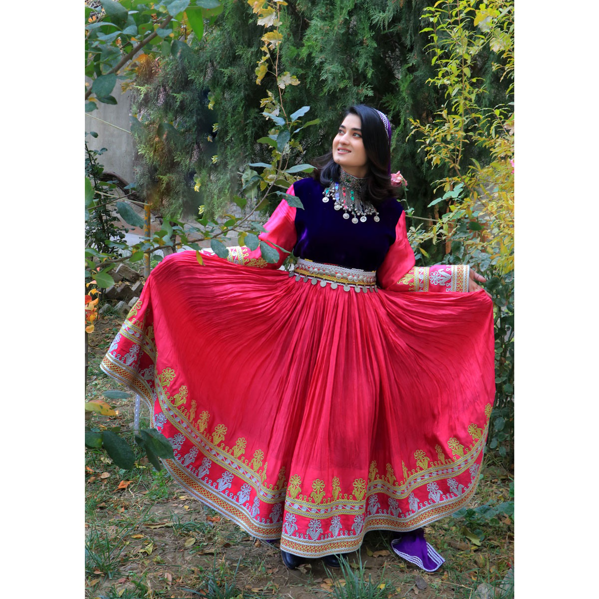 Pink Linen Pleated Long Afghan Nikkah Dress | Coin Belted Bridal Dress 2