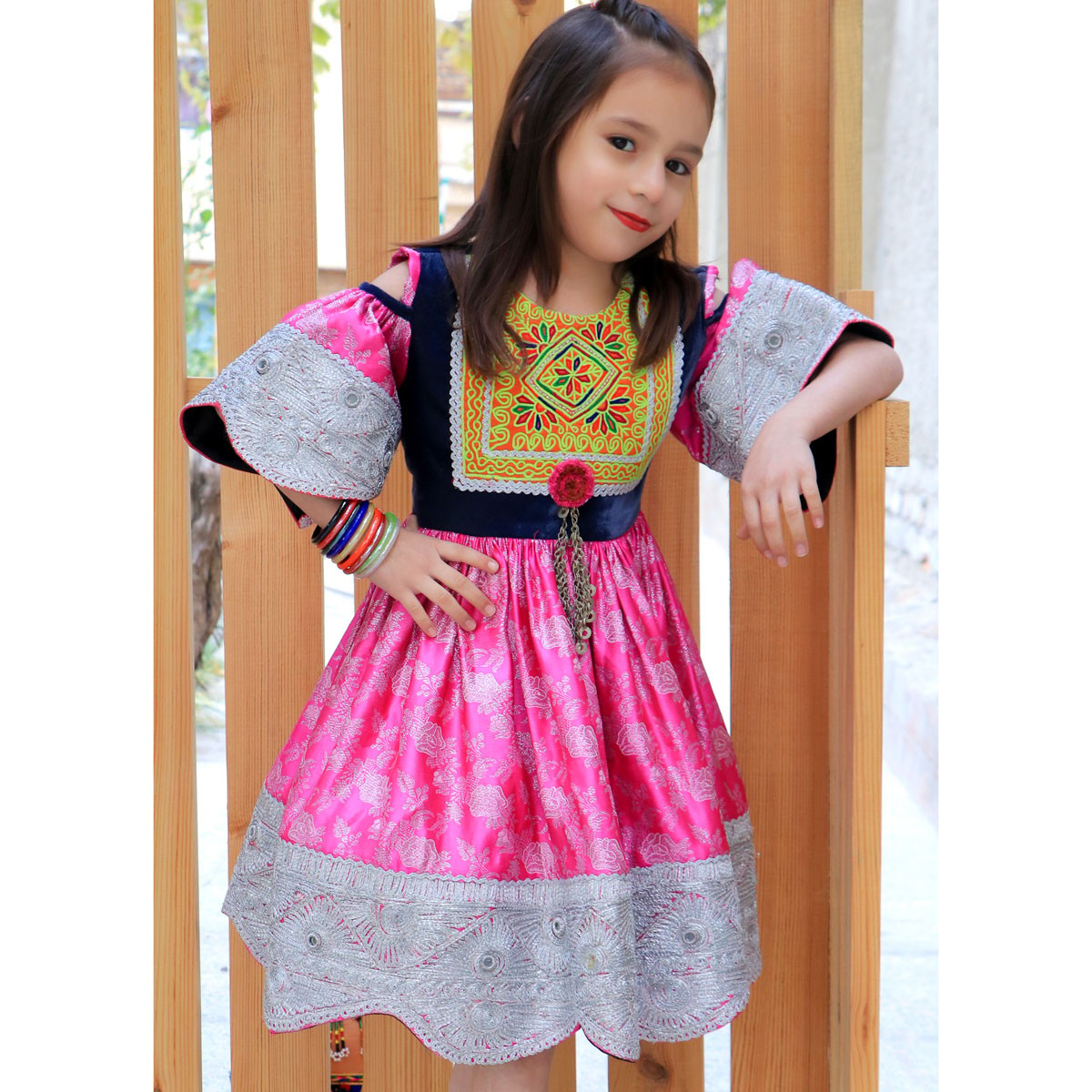 Pink Floral Print Baby Girl's Frock | Cherma Embroidered Short Frock 2