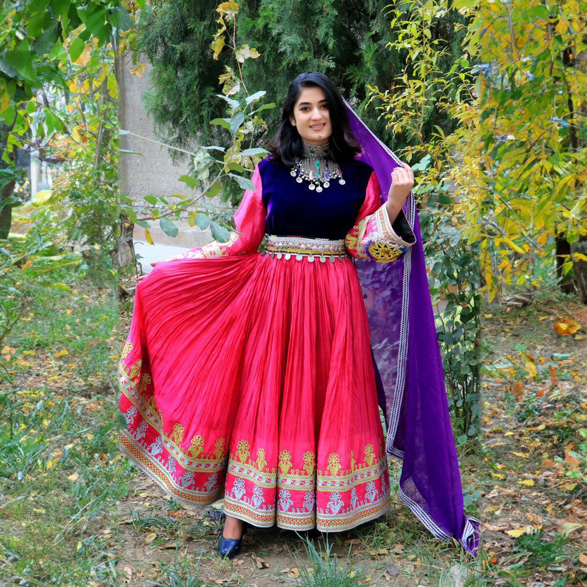 Pink Linen Pleated Long Afghan Nikkah Dress | Coin Belted Bridal Dress 3