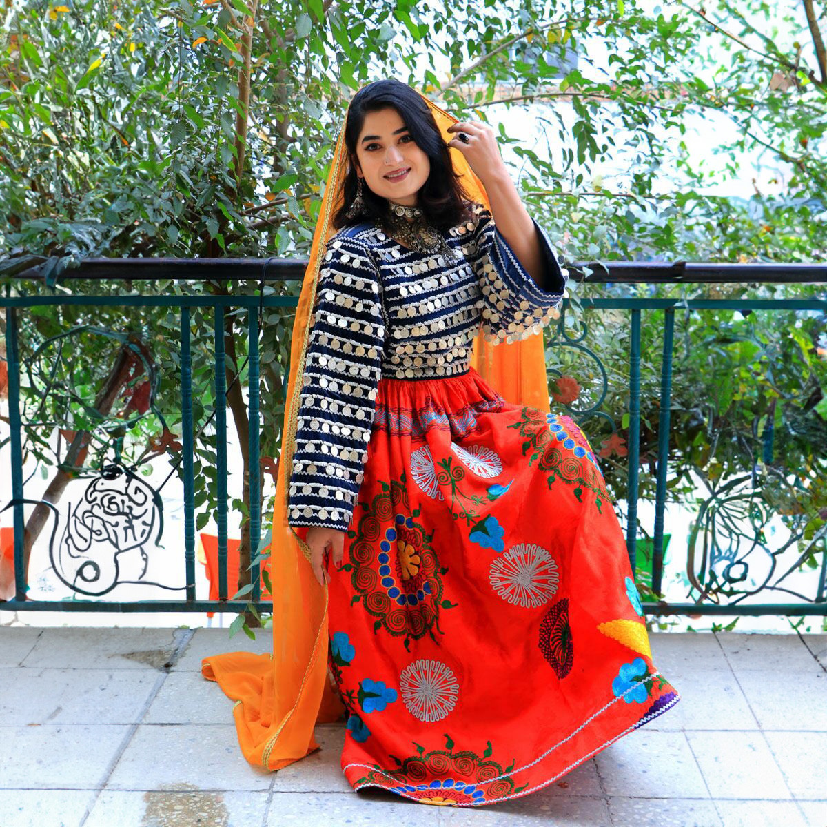 Tajiki Print Trumpet Sleeve Wedding Dress | Orange Coin Embroidered Afghan Frock 2