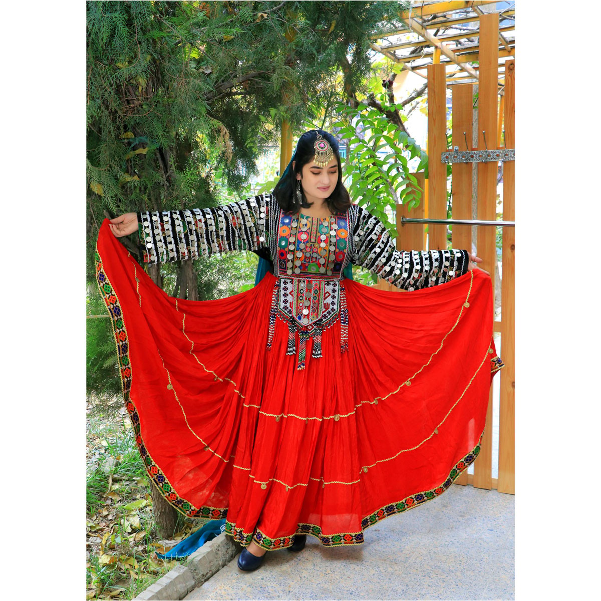 Red Prarie Skirt Bridal Maxi Dress | Coin Embroidered Pleated Afghan Nikkah Dress 2