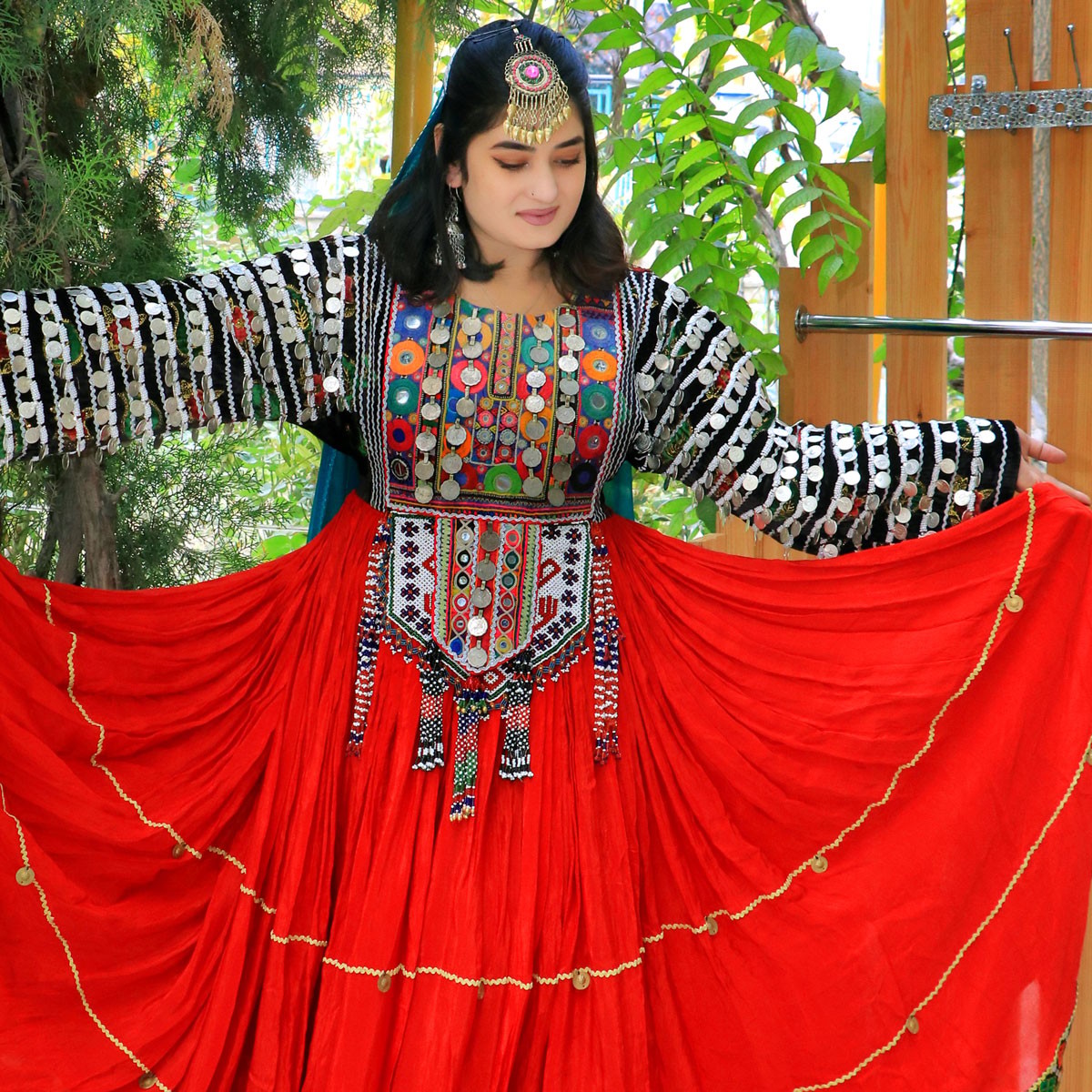 Red Prarie Skirt Bridal Maxi Dress | Coin Embroidered Pleated Afghan Nikkah Dress 3