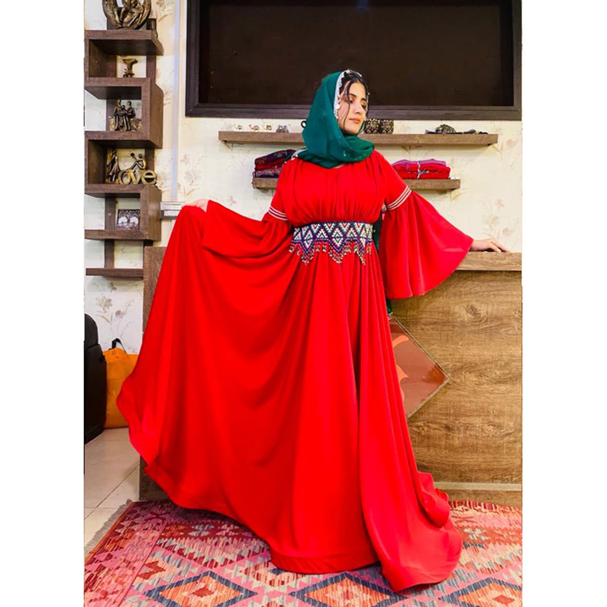 Cotton Belted Pleated Fancy Maxi | Red Flare Sleeves Maxi 1