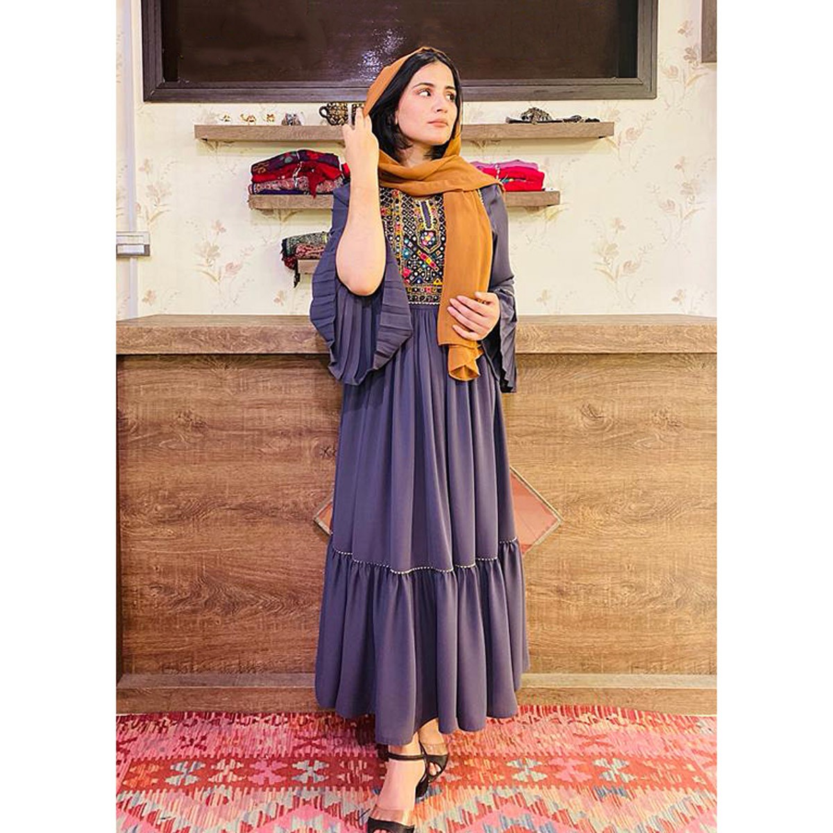 Crepe Prarie Skirt Long Dress | Gray Trumpet Sleeves Casual Wear Dress 1