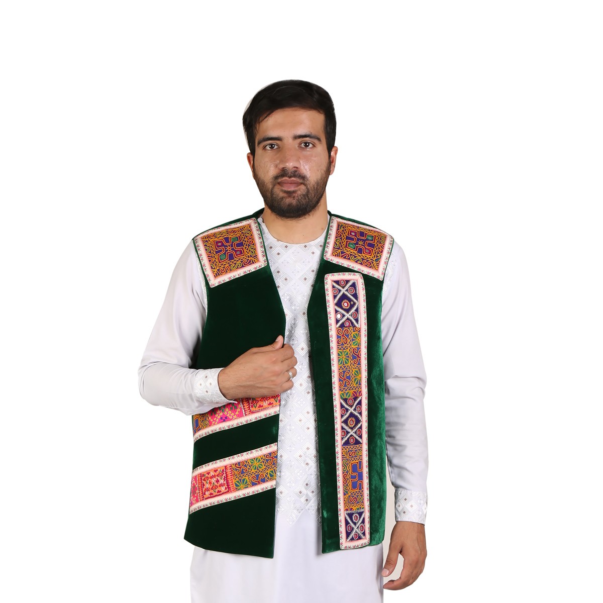 Green Velvet Afghani Waistcoat | Cross-Stitched Men's Waskat (Vest) 2