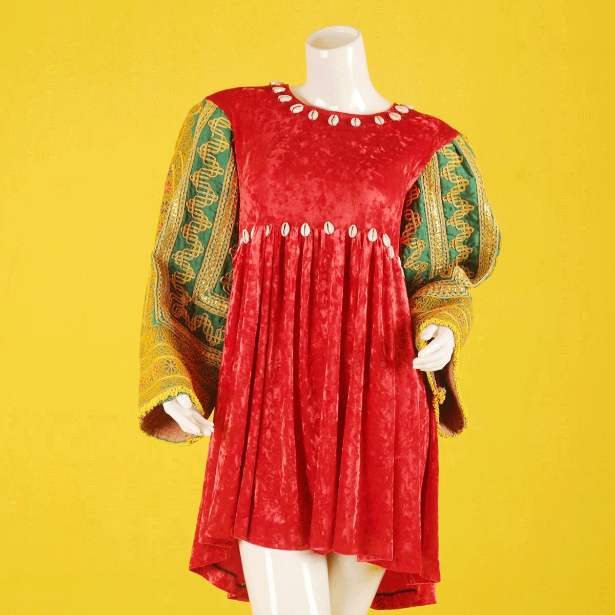 Red Fancy Pleated Long Frock | Velvet Balloon Sleeves Frock 1