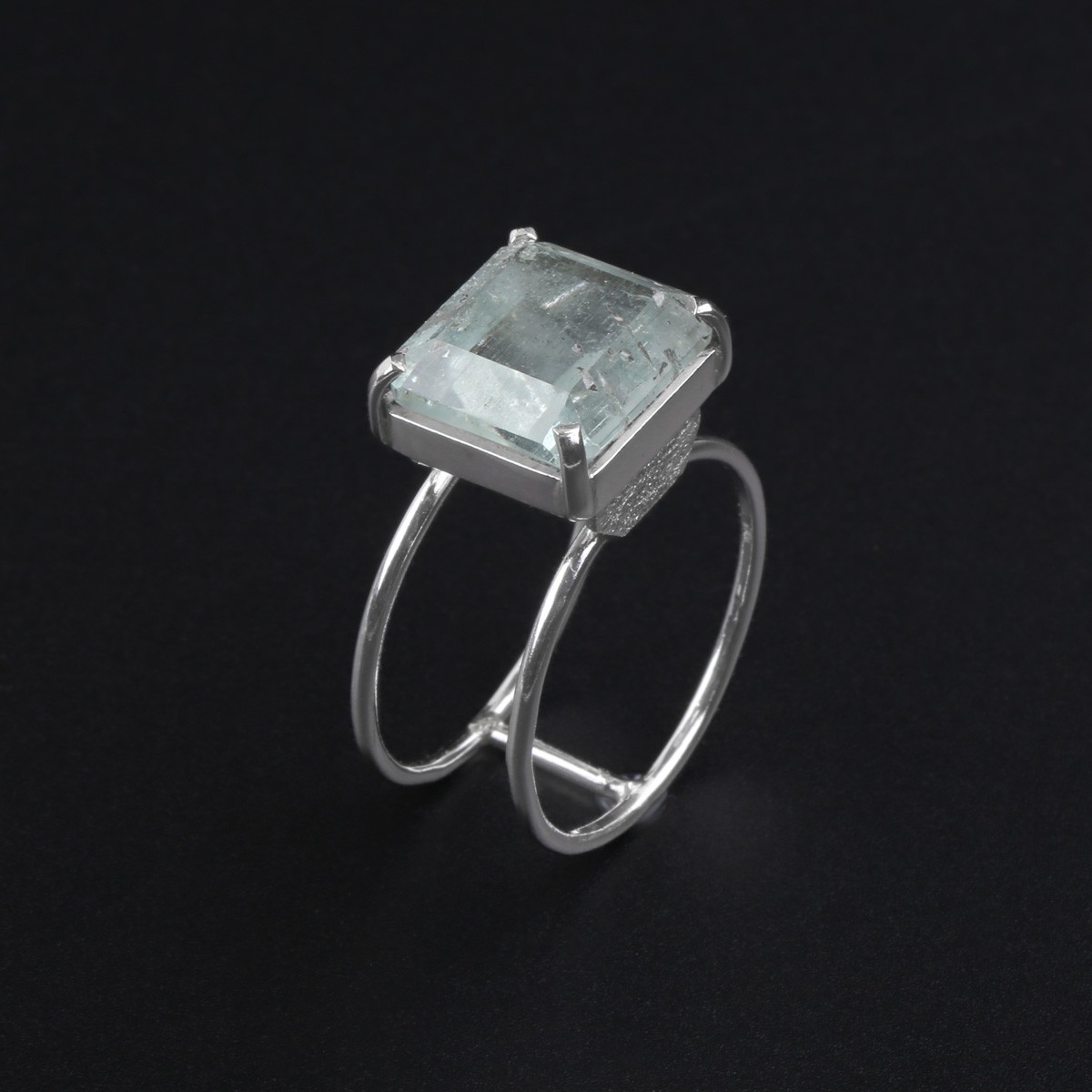 Silver Aquamarine Ring | Double-Band Square Ring 2