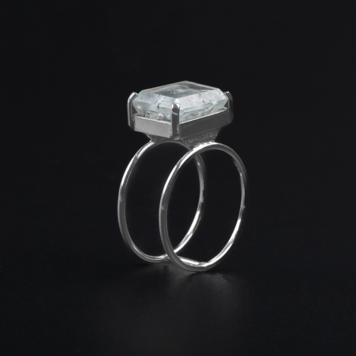 Square Aquamarine Ring | Double-Band Silver Ring 1