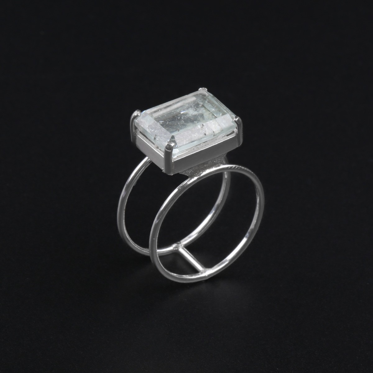 Square Aquamarine Ring | Double-Band Silver Ring 2