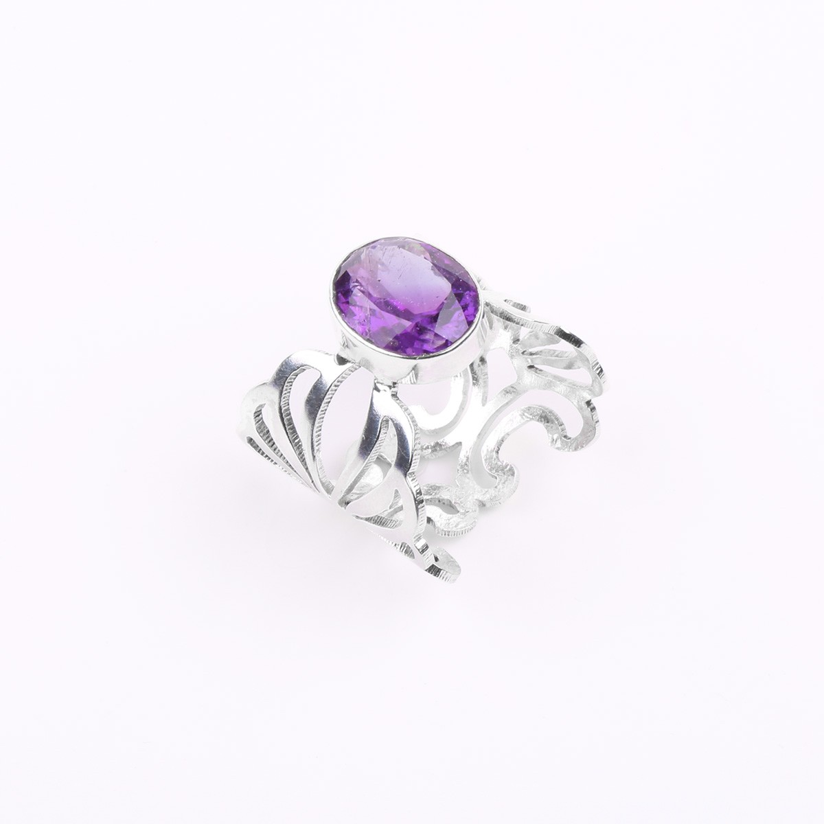 Purple Amethyst Engraved Ring | Silver Round Ring 1