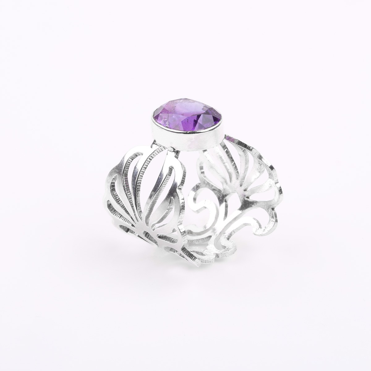 Purple Amethyst Engraved Ring | Silver Round Ring 2