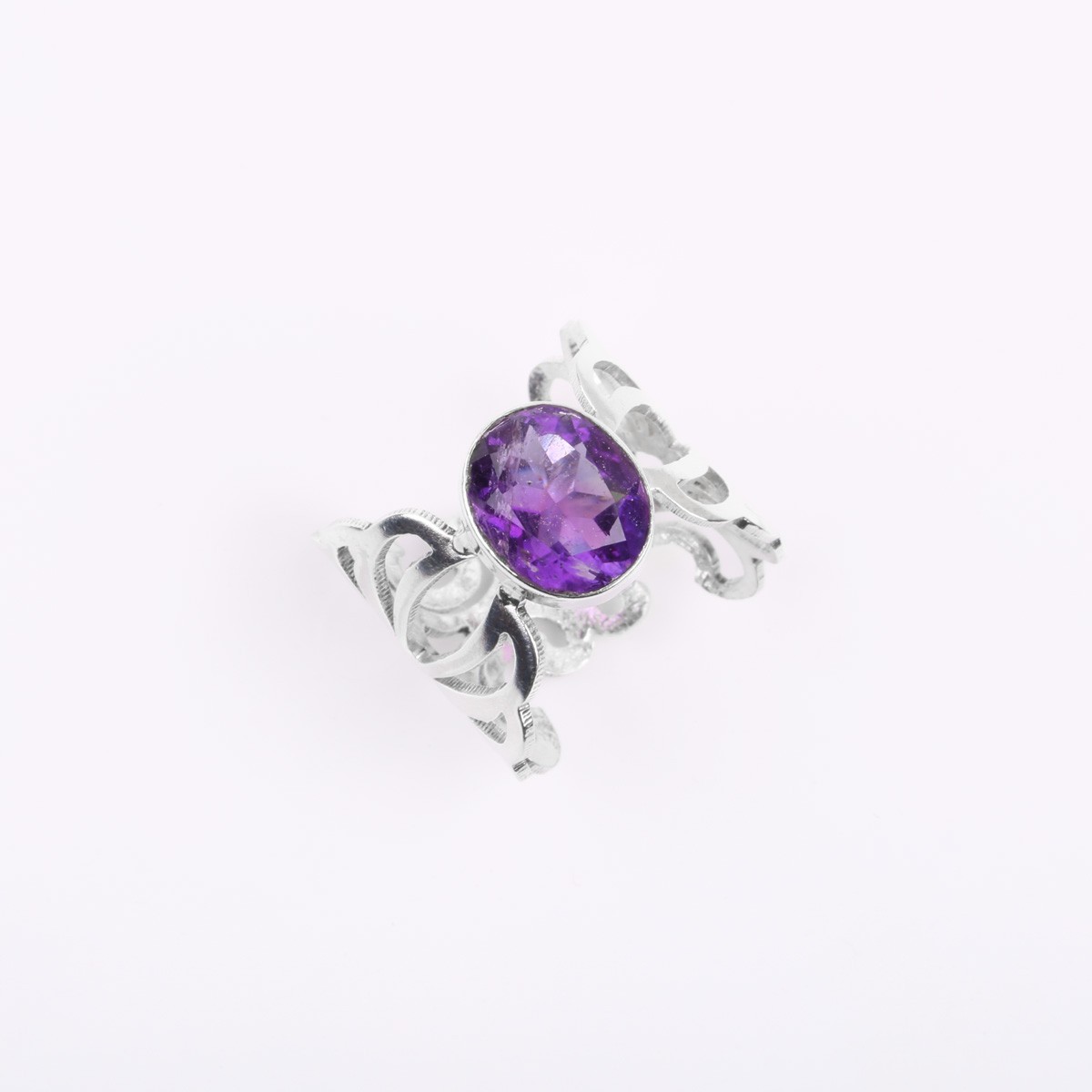 Purple Amethyst Engraved Ring | Silver Round Ring 4