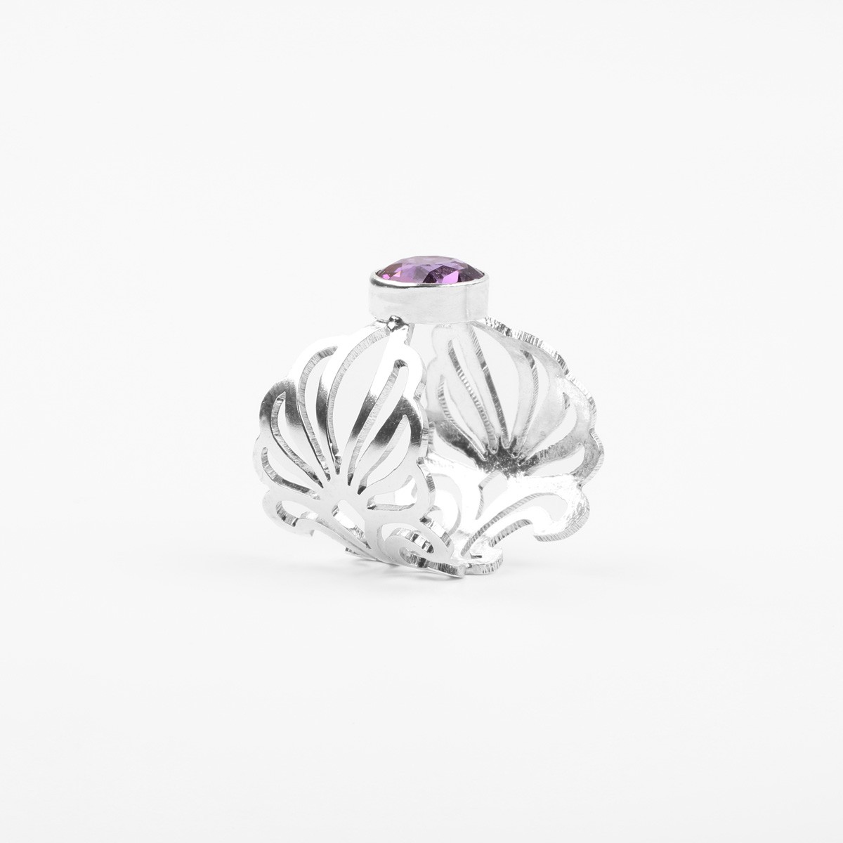Round Amethyst Stone Ring | Engraved Silver Ring 1