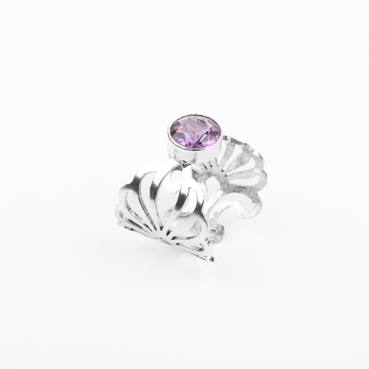 Round Amethyst Stone Ring | Engraved Silver Ring 2