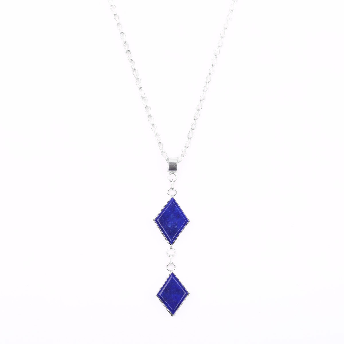 Two Stone Lapis Lazuli Locket | Silver Marquise Pendant 1
