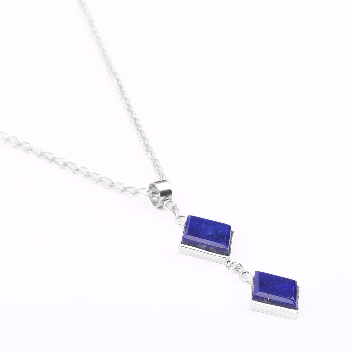 Two Stone Lapis Lazuli Locket | Silver Marquise Pendant 2
