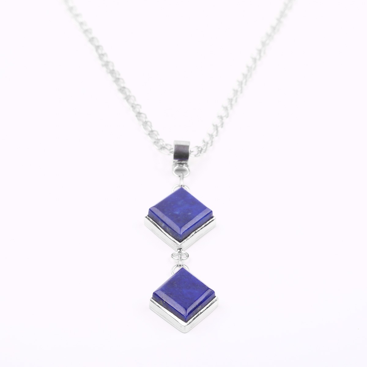 Two Stone Lapis Lazuli Locket | Silver Marquise Pendant 3