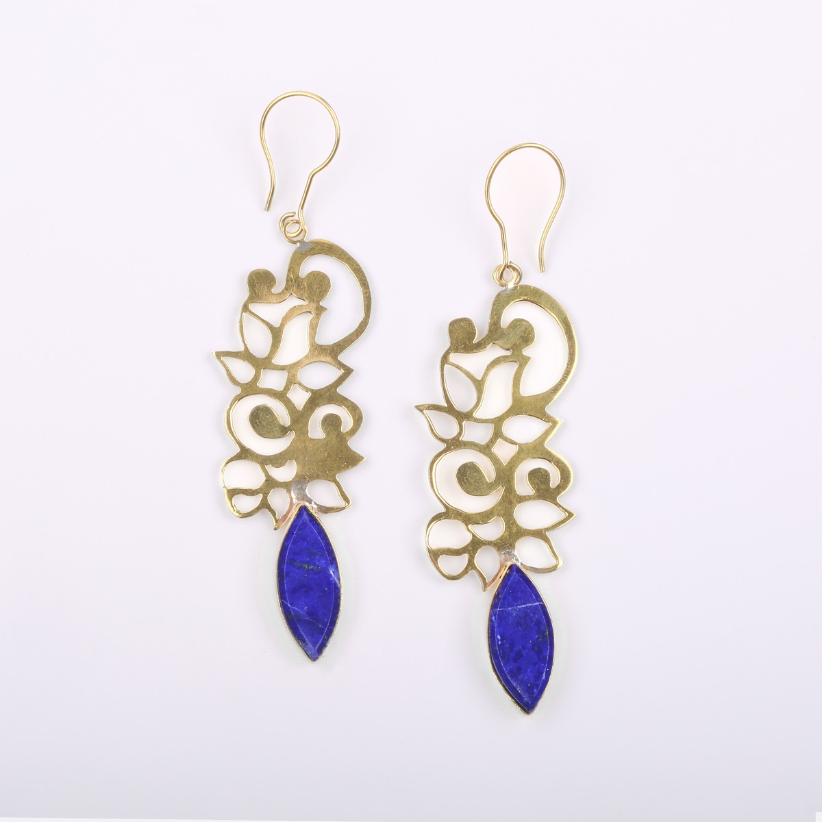 Brass Lapis Lazuli Earrings | Floral Pattern Hook Earrings 1