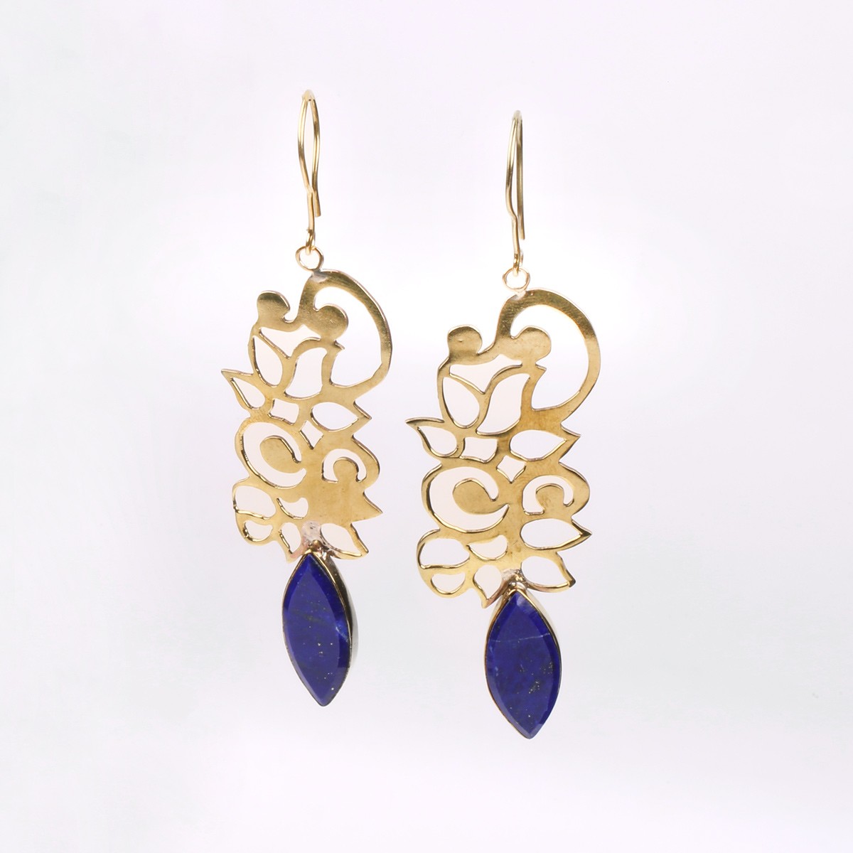 Brass Lapis Lazuli Earrings | Floral Pattern Hook Earrings 2