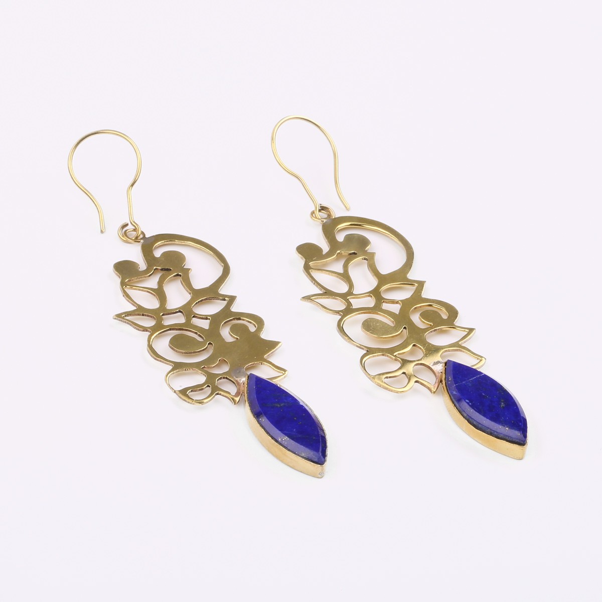 Brass Lapis Lazuli Earrings | Floral Pattern Hook Earrings 3