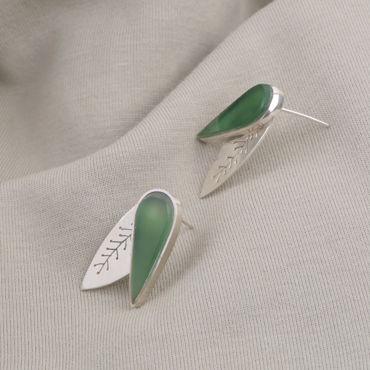 Green Agate Studs | Silver Leaf Style Stud Earrings 2