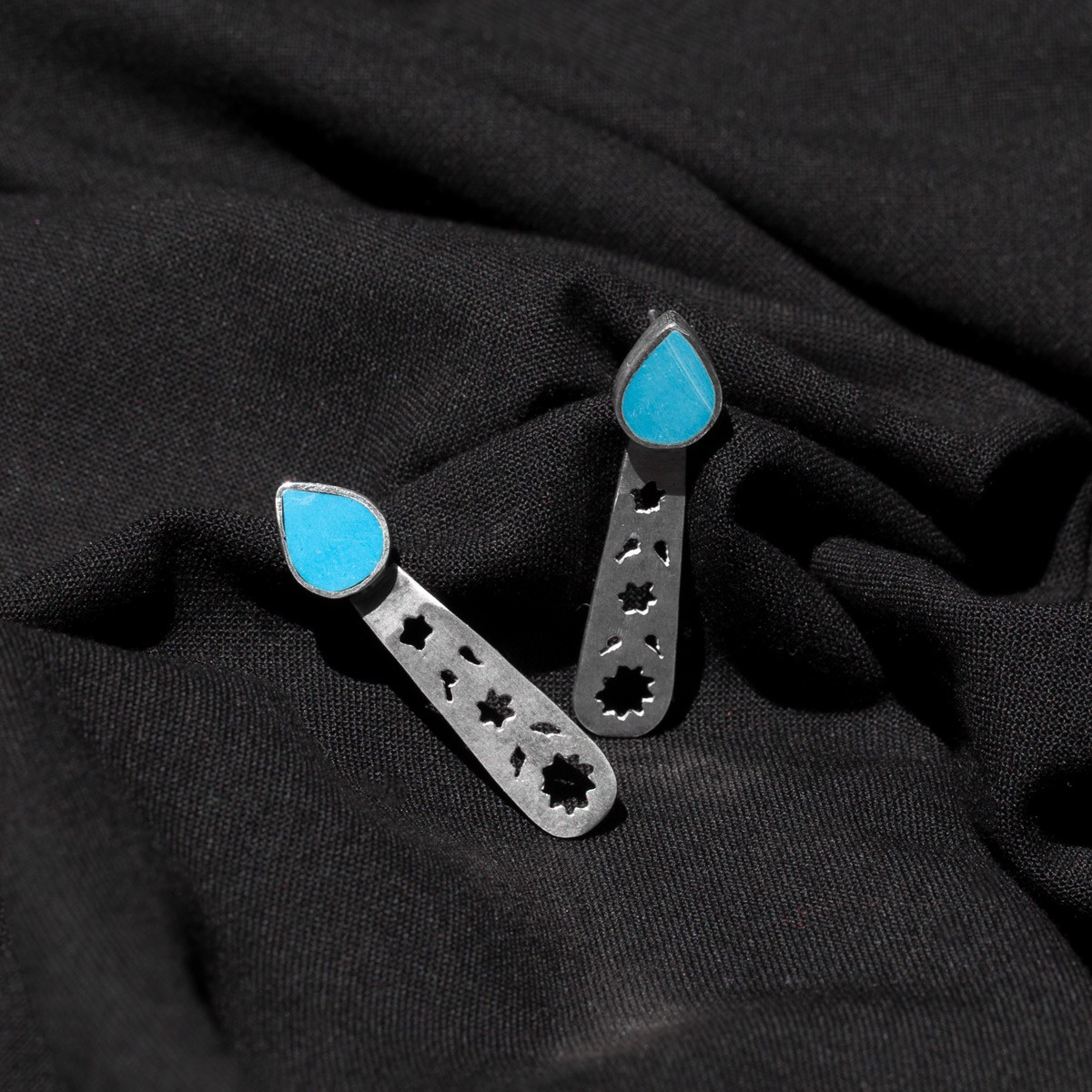 Turquoise Silver Studs| Star Engraved Long Studs 1