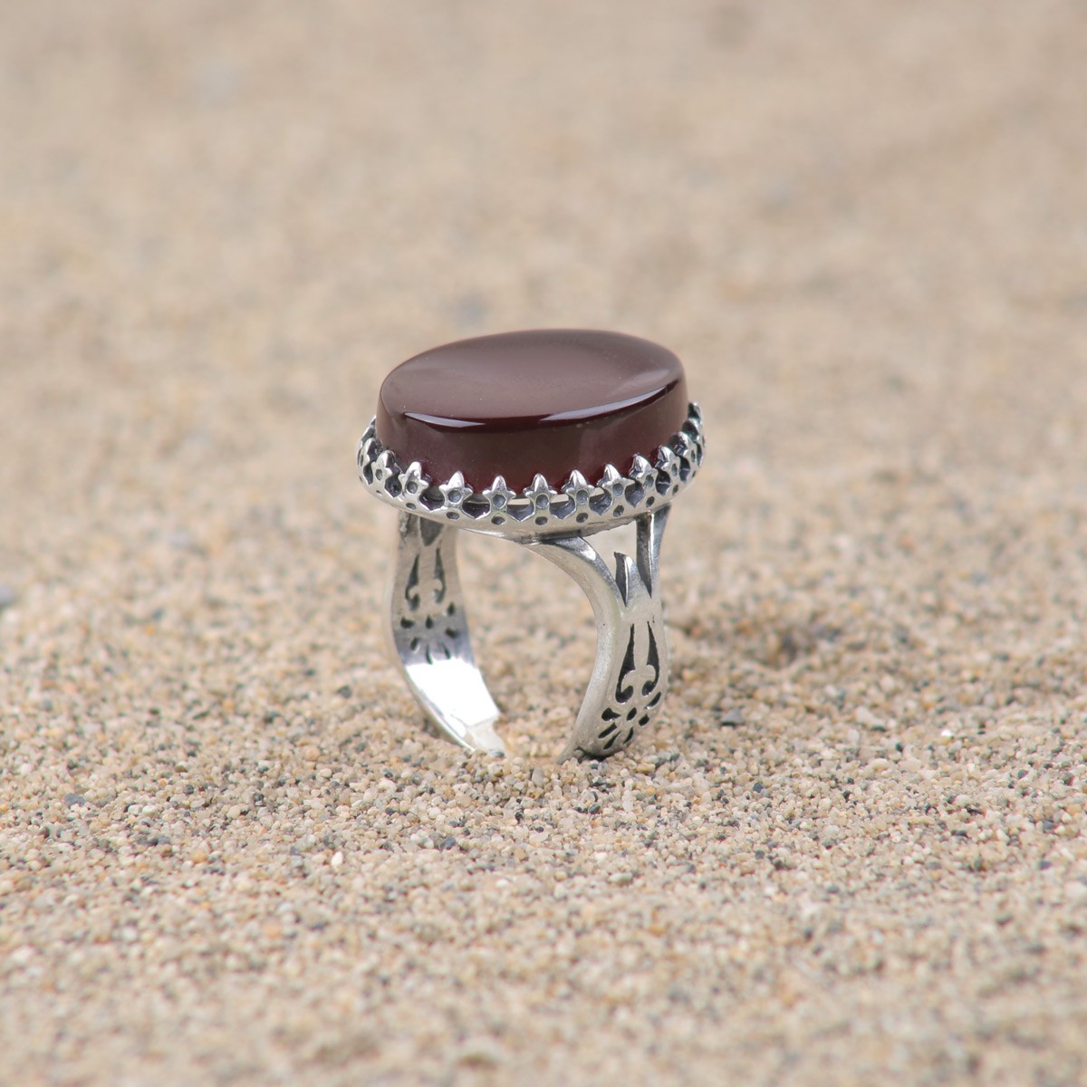 Red Agate Men's Ring | Silver Round Ring 3