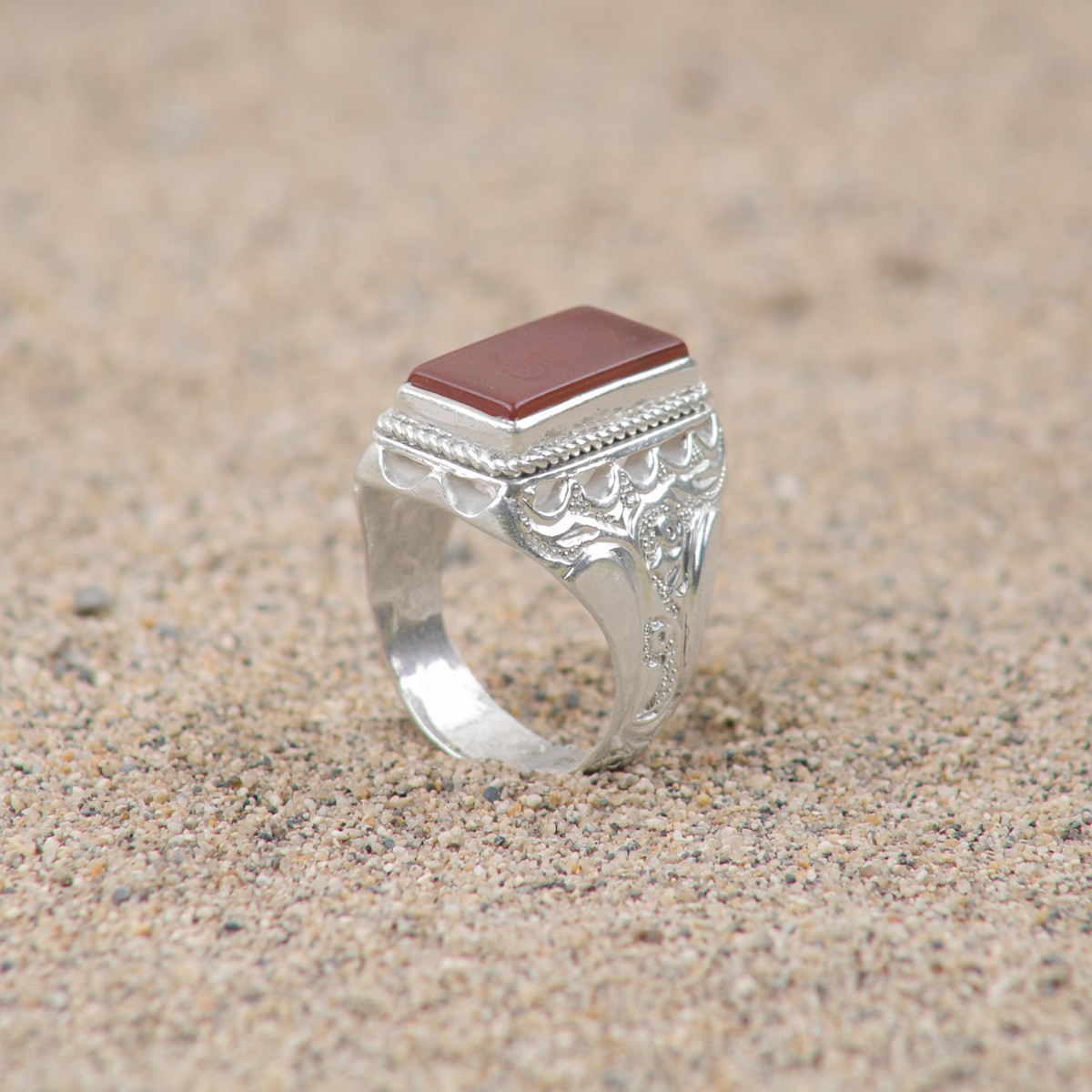 Red Agate Rectangular Men's Ring | Silver Calligraphy Engraved Ring 1