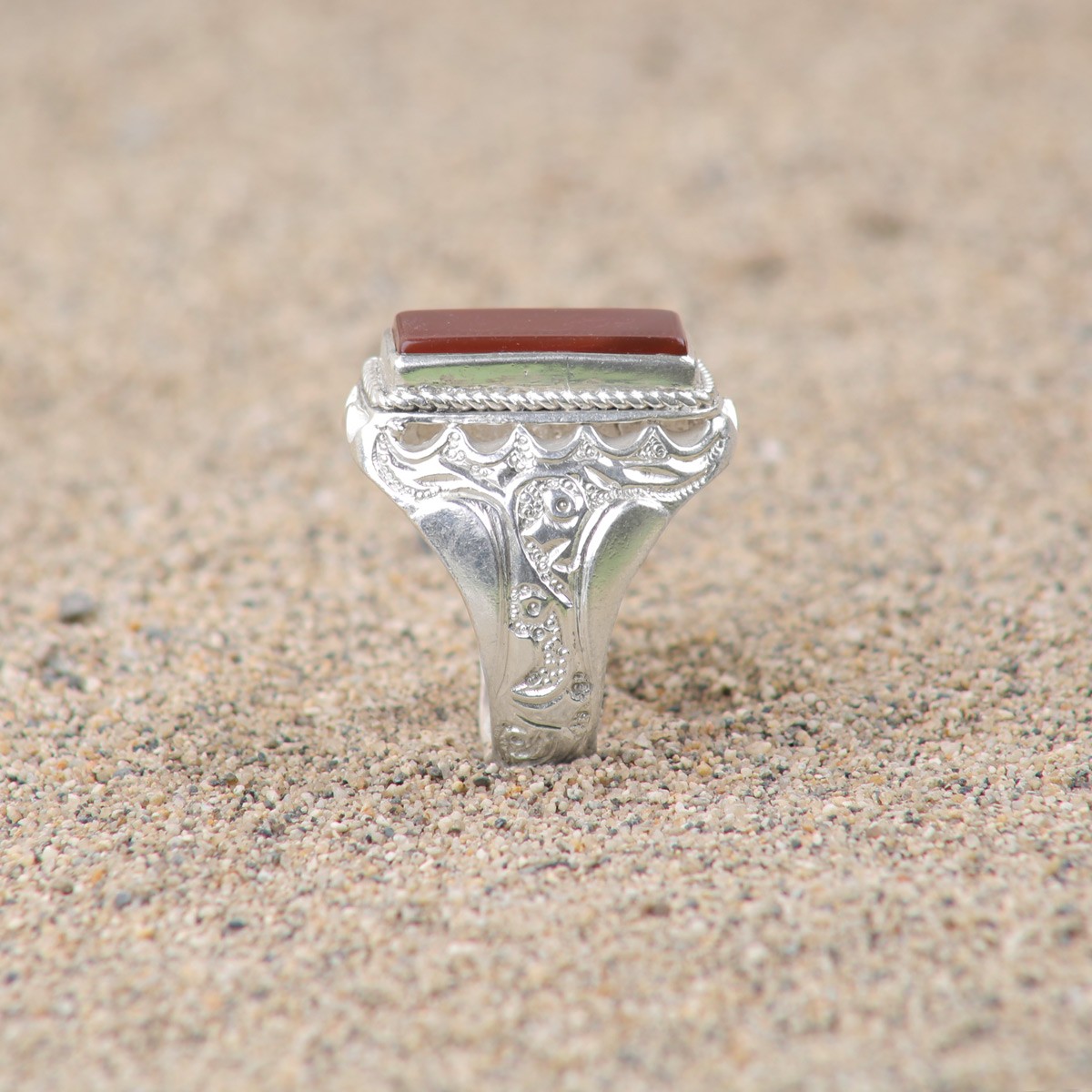 Red Agate Rectangular Men's Ring | Silver Calligraphy Engraved Ring 2